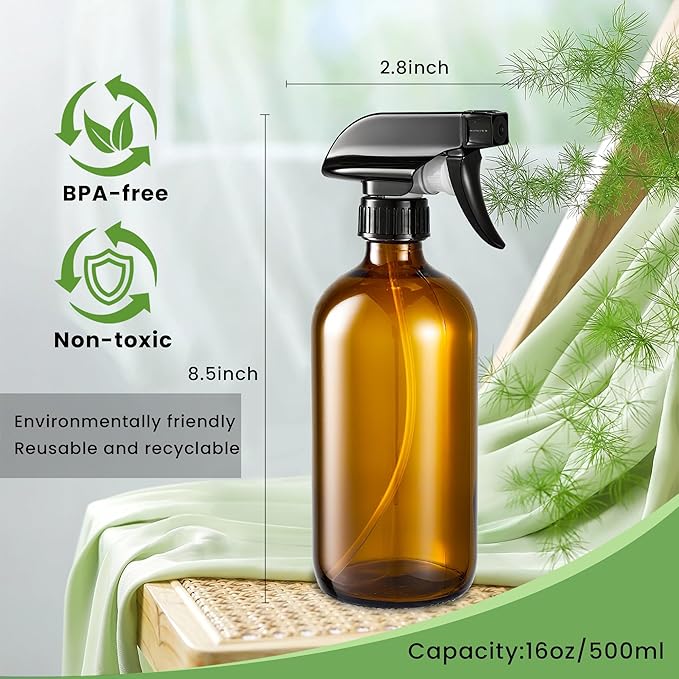 Supercenter Glass Spray Bottles, Amber Glass Spray Bottles, 16oz, Adjustable Nozzle for Stream and Spray, Reusable, for Essential Oils, Cleaning Products, Detergents(1ps)