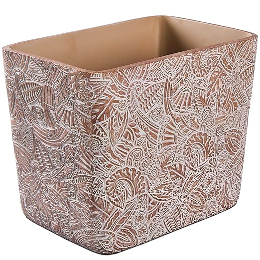 Rustic Brown Tropical Leaves Carved Small Bathroom Trash Can 2.5 Gallon(9 Liter), Resin Heavy Sturdy Kitchen Garbage Can,Living Room Bedroom Trash Can, Decorative Wastebasket for Home, Garden, Office
