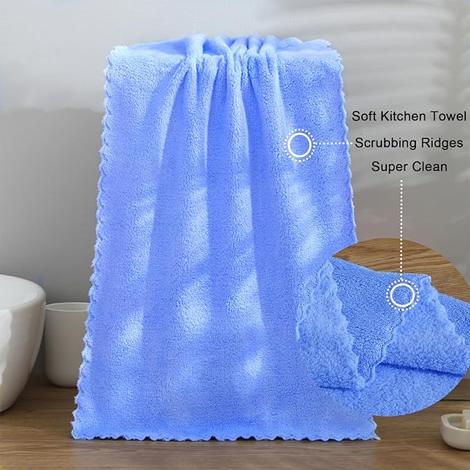 kimteny Kitchen Cloth Dish Towels, 13x28 Inches Premium Dishcloths, Super Absorbent Coral Velvet Microfiber Cleaning Cloths, Fast Drying Rags for Washing Dishes (13x28-12 Pack, Blue)