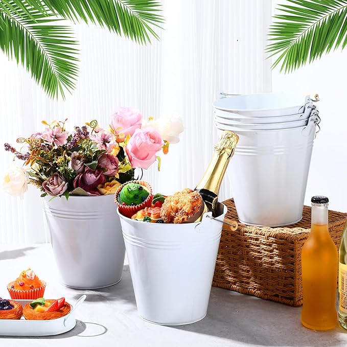 Zopeal 6 Pcs Large Metal Bucket Beer Bucket Galvanized Steel Pail with Handle for Gifts Basket Ice Candy Party(7.4 x 7.2 x 4.6 Inch,White)