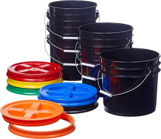 Consolidated Plastics 3.5 Gallon Black Food Grade Buckets + 6 Gamma Seal Lids, BPA Free Container Storage, Durable HDPE Pails, Made in USA (6 Pack)