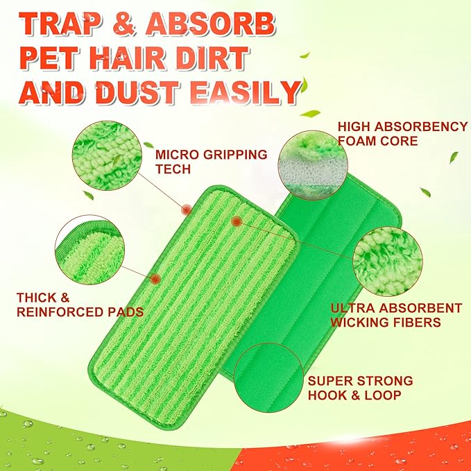 Reusable Mop Pads Compatible with Swiffer Wet Jet Mop, Wet Pads Refills Wet Dry Mopping Cloths Microfiber Mop Pads Replacements for Swiffer Wetjet 12" Mop Wood Floor Cleaning Washable 2 Pack