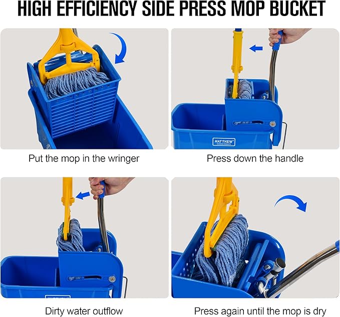 MATTHEW Cleaning Blue 22Quart Compact Mop Bucket INCL.2 Pcs Mop Head with Side Press Wringer On Wheels,Tandem Portable Floor Cleaning Wavebrake,Ideal for Household,Industrial,Restaurant,Janitorial Use