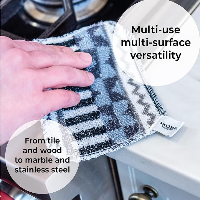 Skoy Scrub, 8-Pack Reusable, Non-Scratching Dish Scrubber for Kitchen and Household Cleaning, Planet-Friendly, Dishwasher Safe Soft Scrub, Assorted Colors and Designs