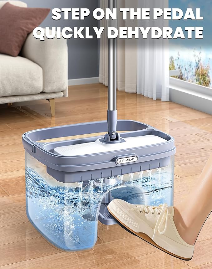 Flat Microfiber Mop and Bucket Set with Wringer, 360° Spin Mop for Floor & Wall Cleaning, 17.7x9in Wide Head, 2 Washable Pads, Hands-Free