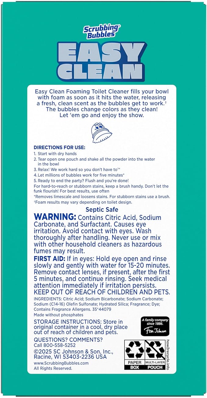 Scrubbing Bubbles Easy Clean Foaming Toilet Bowl Cleaner, Easy Toilet Drop In Powder Pouches, 100g (5 Pouches) (Pack of 2)