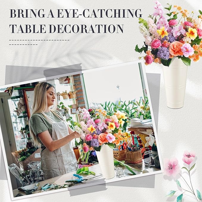 Zhehao 12 PCS 12 Inch Galvanized Metal Vase with Handles Bulk Tin Flower Buckets Galvanized Vases for Flowers Country Wedding Table Centerpieces Metal Flower Buckets for Wedding Home(Creamy White)