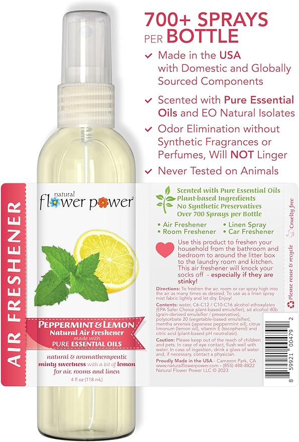 Natural Flower Power Air Freshener Spray - Odor Eliminator w/Essential Oils - Home, Car & Fabric - Cruelty Free & Vegan - Variety Pack - Lemongrass and Peppermint & Lemon - 2 x 4 fl oz