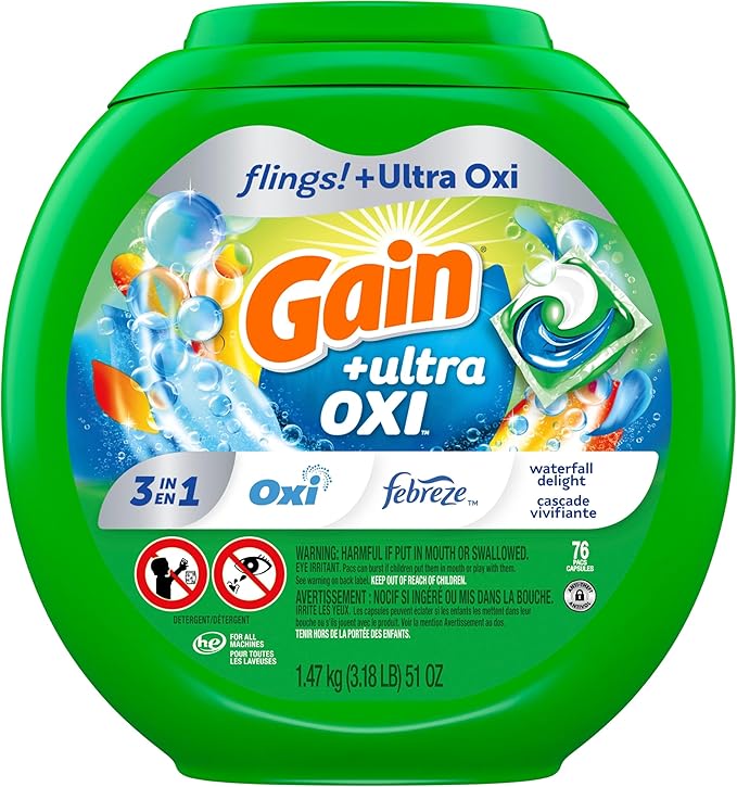 Gain flings Ultra Oxi Laundry Detergent Pacs 3-in-1 HE Compatible, Waterfall Delight Scent, 76 Count
