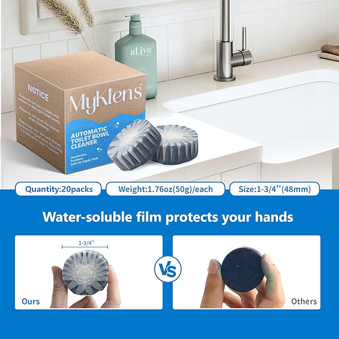 Toilet Bowl Cleaner Tablets, Automatic Toilet Tank Cleaner for Deodorizing & Descaling, Long-Lasting with Sustained Release Technology for Bathroom Cleaners, Blue, 20 Packs