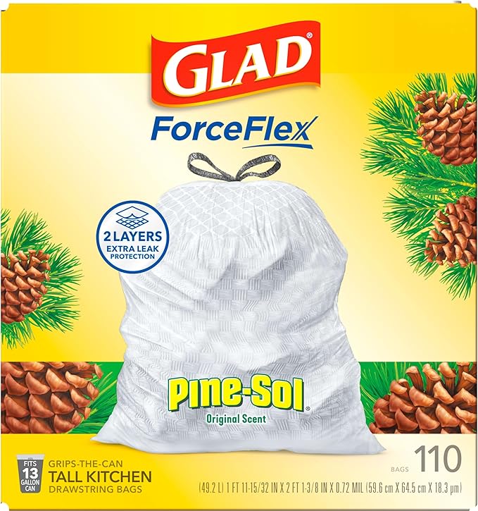 Glad ForceFlex Tall Kitchen Trash Bags, 13 Gal, Pine-Sol Original, 110 Ct (Package May Vary)