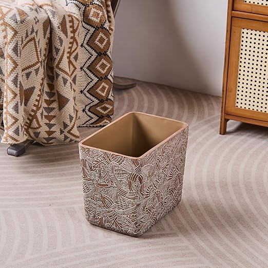 Rustic Brown Tropical Leaves Carved Small Bathroom Trash Can 2.5 Gallon(9 Liter), Resin Heavy Sturdy Kitchen Garbage Can,Living Room Bedroom Trash Can, Decorative Wastebasket for Home, Garden, Office