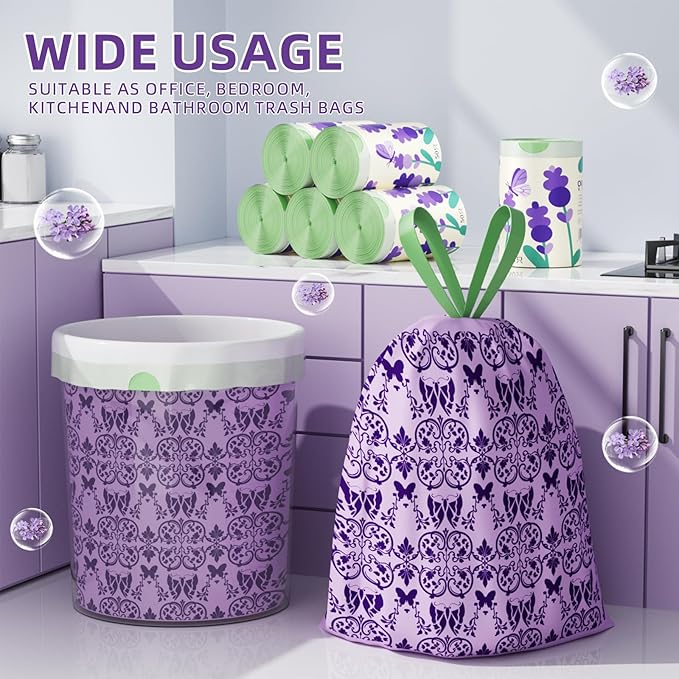 13 Gallon Trash Bags Drawstring, 50 Count Tall Kitchen Trash Bags, Sturdy Large Trash Bags, Butterfly & Lavender Printed Garbage Bags 13 Gallon Tall Kitchen, Tear Resistant Kitchen Garbage Bags