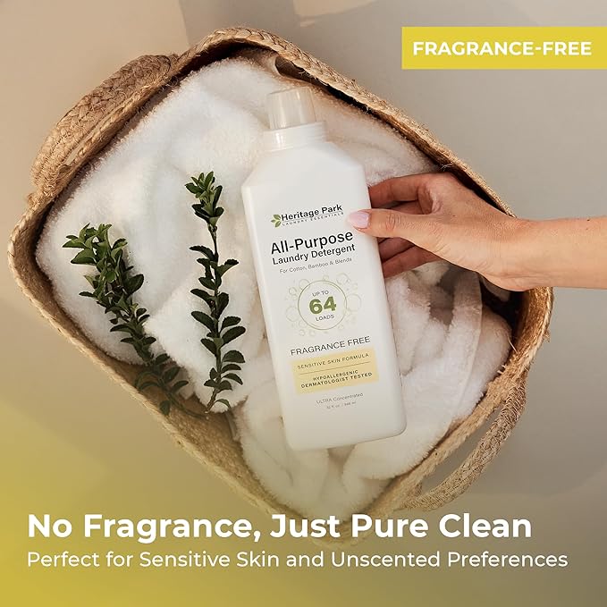 Heritage Park Luxury Laundry Detergent | Dermatologist Tested Plant based Natural & Enzyme Laundry Detergent | Sensitive Skin Friendly - Fragrance Free (32 fl oz)
