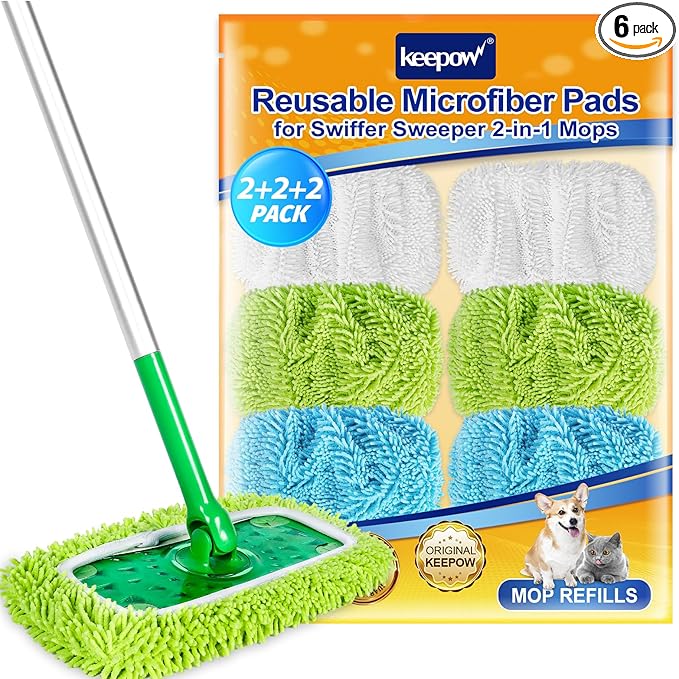 KEEPOW Reusable Microfiber Mop Pads Compatible with Swiffer Sweeper, Dry Sweeping Cloths, Washable Wet Mopping Cloth Refills for Hardwood Floor Cleaning, 6 Pack