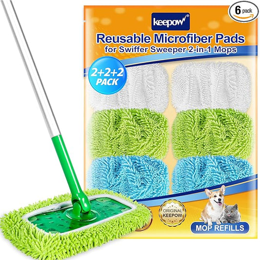 KEEPOW Reusable Microfiber Mop Pads Compatible with Swiffer Sweeper, Dry Sweeping Cloths, Washable Wet Mopping Cloth Refills for Hardwood Floor Cleaning, 6 Pack