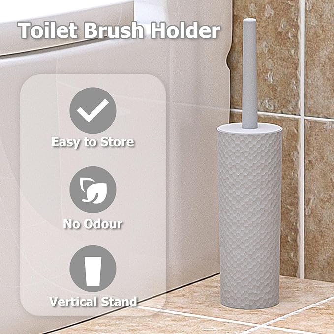 Topsky 2 Pack Compact Toilet Brush & Holder Set, Plastic Round Barrel Loo Brush with 2 Replacement Toilet Brush Head, Durable for Bathroom Toilet, Gray