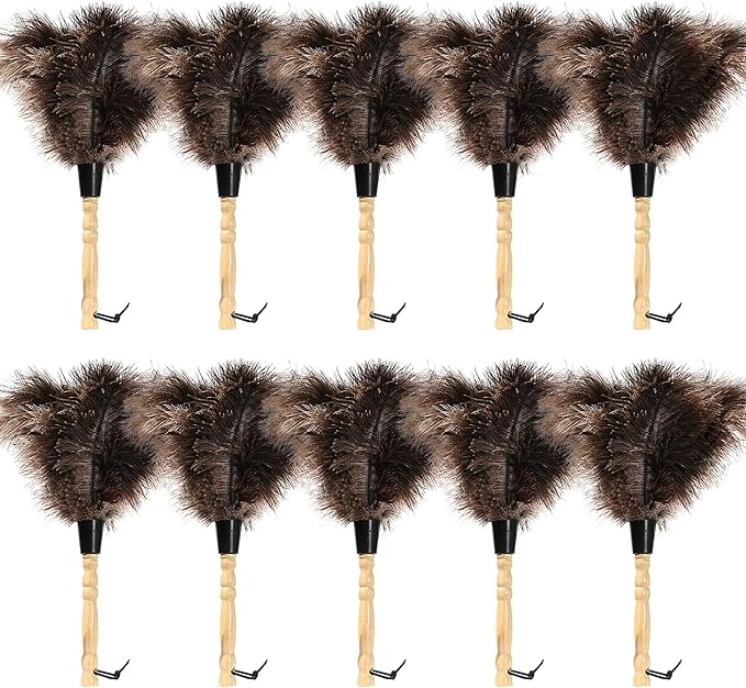Ostrich Feather Duster 14 inch Fluffy Natural Genuine Ostrich Feathers with Wooden Handle and Eco-Friendly Reusable Handheld Ostrich Feather Duster for Cleaning Supplies(10PCS)