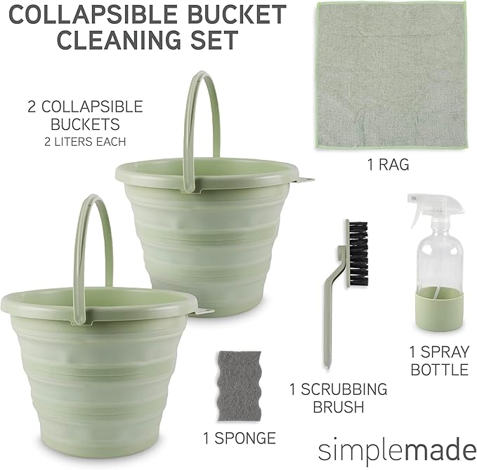 SIMPLEMADE Collapsible Bucket Cleaning Set - Includes 2 Foldable Buckets, Spray Bottle, Rag, Scrubbing Brush and Sponge - Holds Up to 10 liters, Easy Storage, All-Purpose Cleaning Solution
