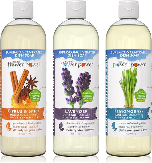 Natural Flower Power Liquid Dish Soap – Variety Pack – Citrus & Spice, Lemongrass, & Lavender – Plant-Based & Scented w/ Pure Essential Oils – Sulfate-Free Kitchen Soap – Vegan (16 Fl Oz 3 Pack)