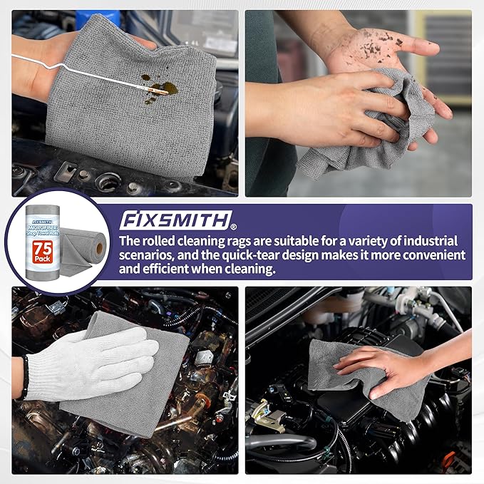 FIXSMITH Microfiber Cleaning Cloth Roll -75 Pack, Microfiber Towel Roll Tear Away, Reusable Cleaning Rags, Microfiber Towels for Cars, Dish Rags Dust Cloths for Kitchen, Home, Auto 11.5 x 11.5 inch