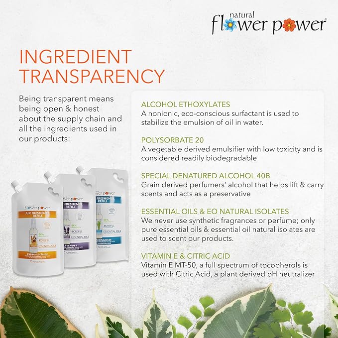Natural Flower Power Air Freshener Spray Refills - Odor Eliminator w/Essential Oils - Home, Car & Fabric - Cruelty Free & Vegan - Variety Pack - Citrus & Spice, Lavender, Lemongrass - 3 x 16 fl oz