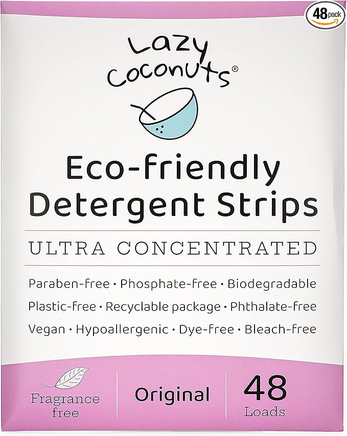 LAZY COCONUTS Eco Friendly, Plant Powered Laundry Detergent Strips - Fragrance Free, Unscented, Ultra Concentrated, Earth Friendly No Plastic - Lightweight and Perfect For Home, Dorms, Travel, Camping