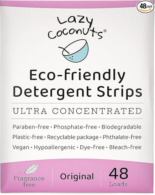 LAZY COCONUTS Eco Friendly, Plant Powered Laundry Detergent Strips - Fragrance Free, Unscented, Ultra Concentrated, Earth Friendly No Plastic - Lightweight and Perfect For Home, Dorms, Travel, Camping