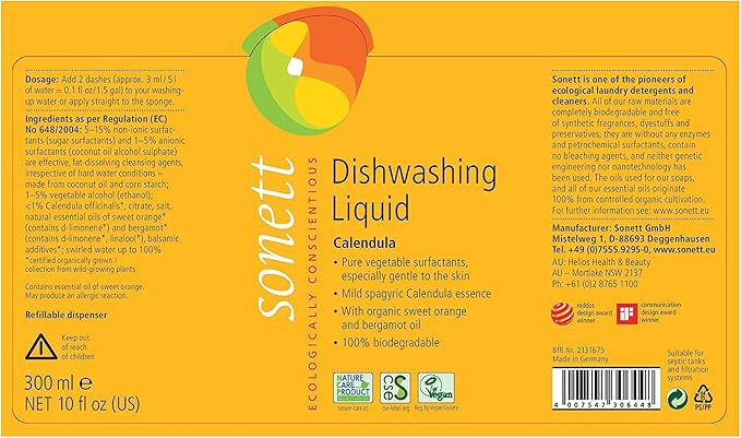 Sonett Organic Dishwashing Liquid (1 Count Calendula, 10 Fl.Oz) Certified Organically Grown