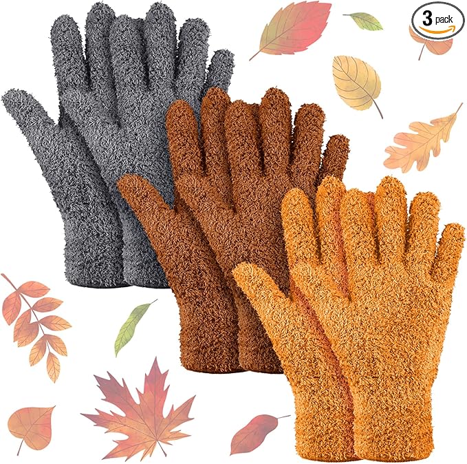 Patelai 3 Pairs Microfiber Plant Dusting Gloves Leaf Cleaning Gloves for Indoor Plants, Blinds, Furniture, House(Small,Orange, Brown, Dark Gray)