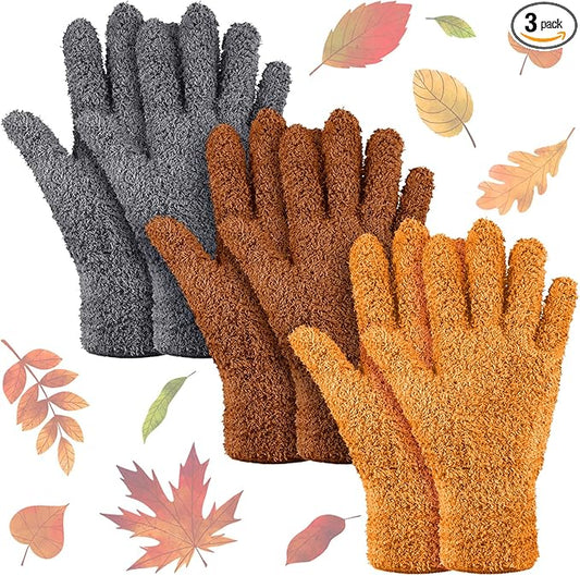 Patelai 3 Pairs Microfiber Plant Dusting Gloves Leaf Cleaning Gloves for Indoor Plants, Blinds, Furniture, House(Small,Orange, Brown, Dark Gray)