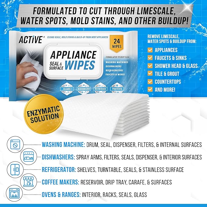 ACTIVE Home Appliance Surface Cleaner Wipes Heavy Duty Wipe for Cleaning Washing Machine, Dryer Stainless Steel Refrigerator, Glass Cooktop, Microwave, Dishwasher, Counter, Tile - 24 Large Wipes