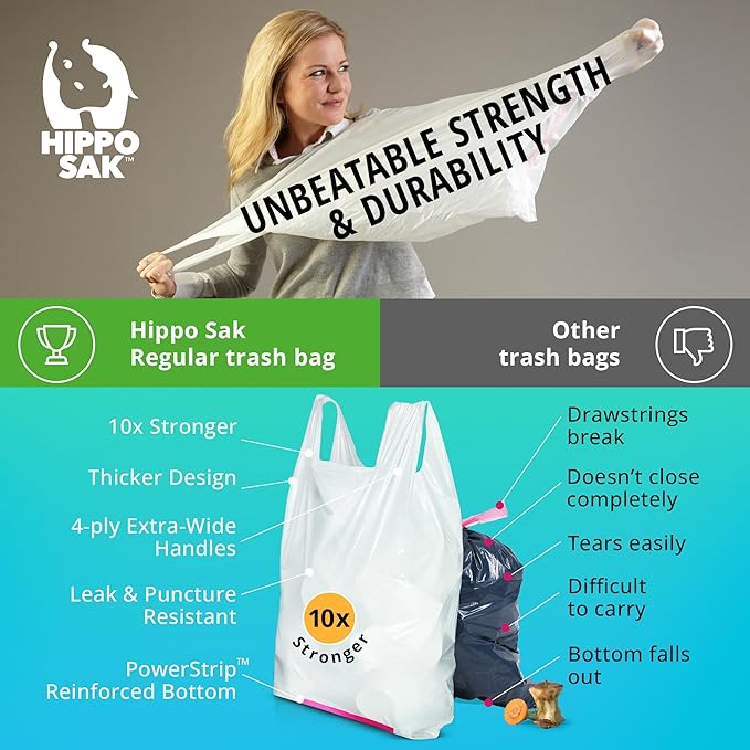 Hippo Sak - Tall Kitchen Garbage Bags with Ergonomic Handles - 13 Gallon Trash Bags - Super Strong Patented Reinforced Bottom and Leak Proof Tall Kitchen Trash Bags - Heavy Duty Trash Bags (270 Count)