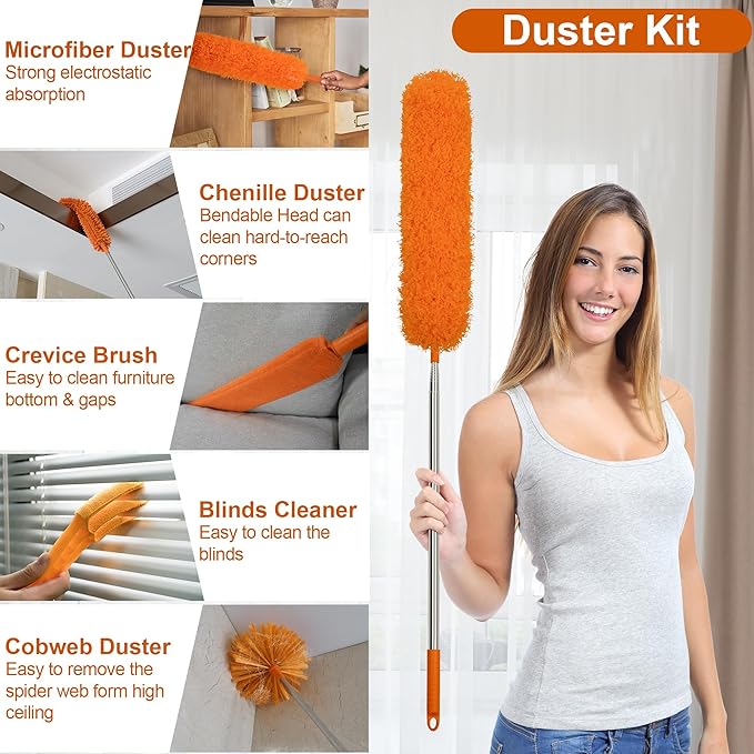 JEHONN Cobweb Duster with Extension Pole 96 inches, 8 PCS Extendable Long Handle Microfiber Feather Dust Remover, Telescoping Dusting Kit for Cleaning High Ceiling Fan, AC Vent House Exterior
