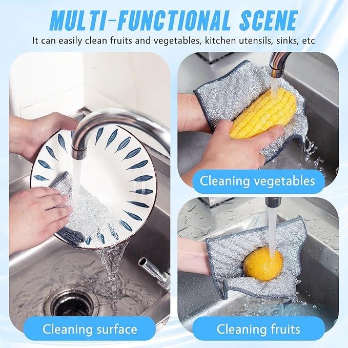 10 PCS Four-Layer Non-Scratch Multipurpose Steel Wire Dishcloths - Reusable Quick-Dry Odor-Free Scrub Cloths for Dishes, Kitchen Cleaning Cloths for Cookware, Sinks, Stove Tops(7.87X7.87)