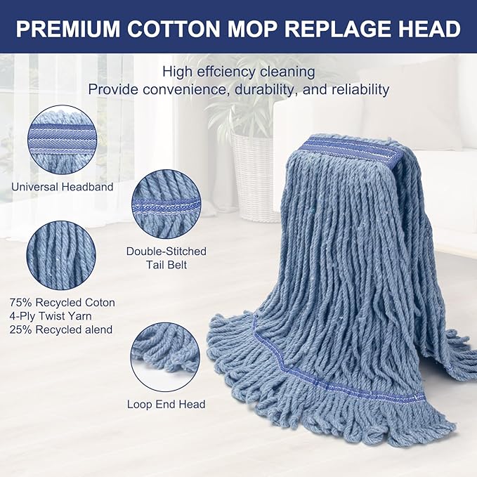 KeFanta 3 Pack Heavy Duty Commercial Mop Head Replacement,Wet Industrial Cotton Looped End String Mops Refill for Floor Cleaning,Blue