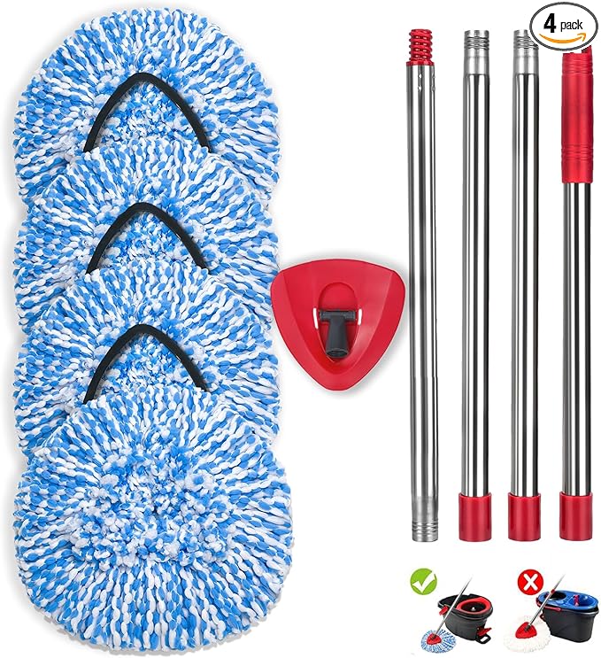 4 Pack Spin Mop Replacement Heads Compatible for O Ceda EasyWring 1-Tank Triangle System, Microfiber Mop Refills for 5.9inch Core,Deep Cleaning, Included Base and Handle