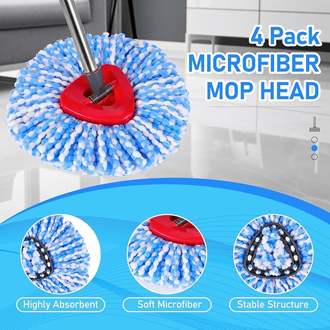 7 Pack Spin Mop Head for O-Ceda RinseClean 2 Tank System, 4 Triangle Microfiber Mop Replacement Refills, 2 Upgraded Scrub Brush & Base Head Deep Clean Mop Head for Home Office Bathroom