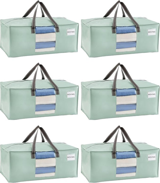VENO 6 Pack Moving Bags for College, Heavy-Duty Storage Totes, Moving Boxes and Wardrobe Packing Supplies Alternative - Extra Large Durable Laundry Bags for Clothes (Shiny Light Green, 6 Pack)
