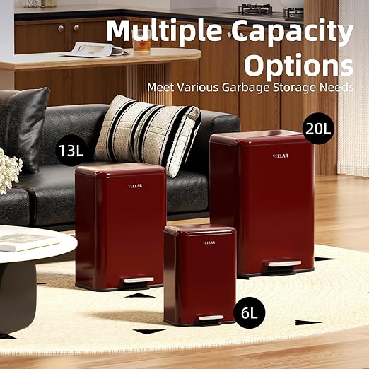 5 Gallon Bathroom Trash Can - Room Step Garbage Can with Lid, Stainless Steel Trash Bin for Kitchen Living Room Bedroom Commercial Restaurant Office (Red, 20Liter / 5.5Gallon)
