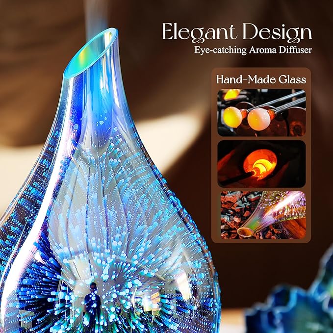 Porseme Essential Oil Diffuser 280ml Aromatherapy Ultrasonic Oil Diffusers 3D Glass Cool Mist Humidifier, Air Refresh Auto Shut-Off, Timer Setting, BPA Free for Home Hotel Yoga Leisure SPA Gift