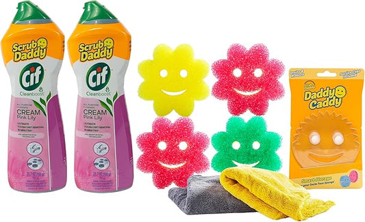 Scrub Daddy Cleaning Supplies Kit - Cif Floral Bundle - Includes Scrub Mommy Dish Sponges, Microfiber Towels, Kitchen Sink Caddy & Cif Cream All Purpose Cleaner, Pink Lilly (9 Count)