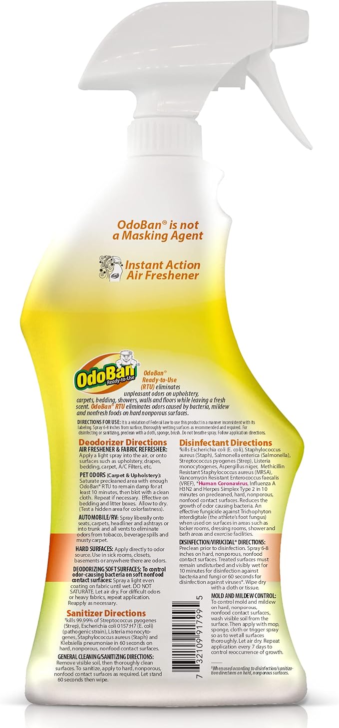 OdoBan Ready-to-Use Disinfectant and Odor Eliminator, Set of 4 Spray Bottles, 32 Ounces Each, Citrus Scent
