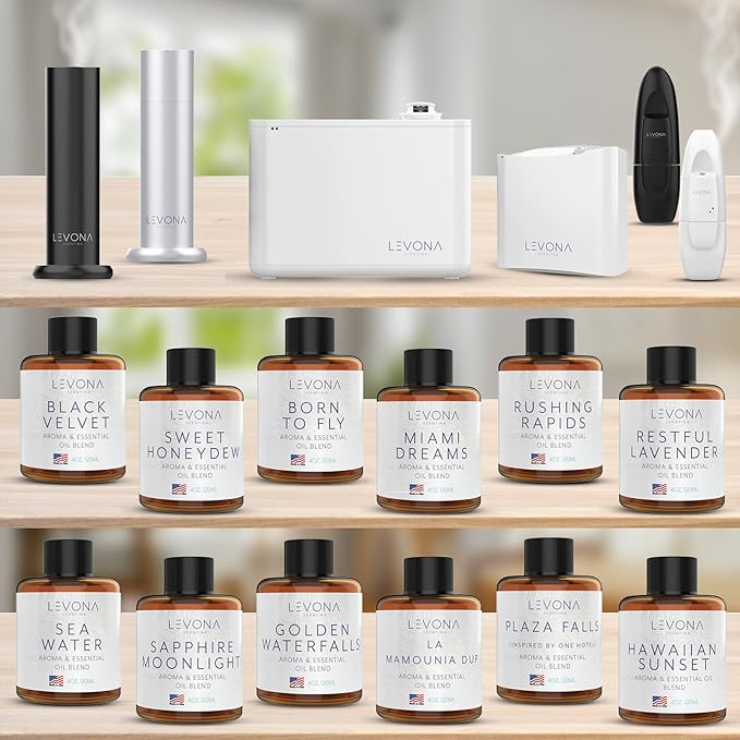 Levona Scent Essential Oil Diffuser - Plug In Air Freshener for Home, Household Supplies & Hotel, Waterless Diffuser & Nebulizer, 500 sqft - Abela 100, Matte Black (Button Control, 120ml Oil Included)