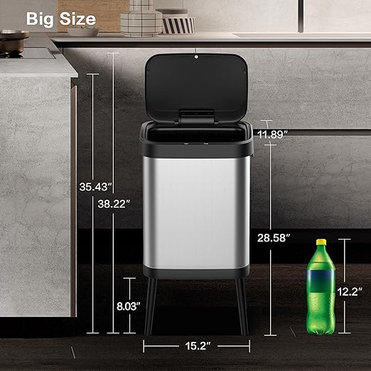 10.5 Gal Stainless Steel Touchless Sensor Trash Can with, Wide Rectangular Design, Brushed Finish – Automatic Lid, Raised Legs (Silver)