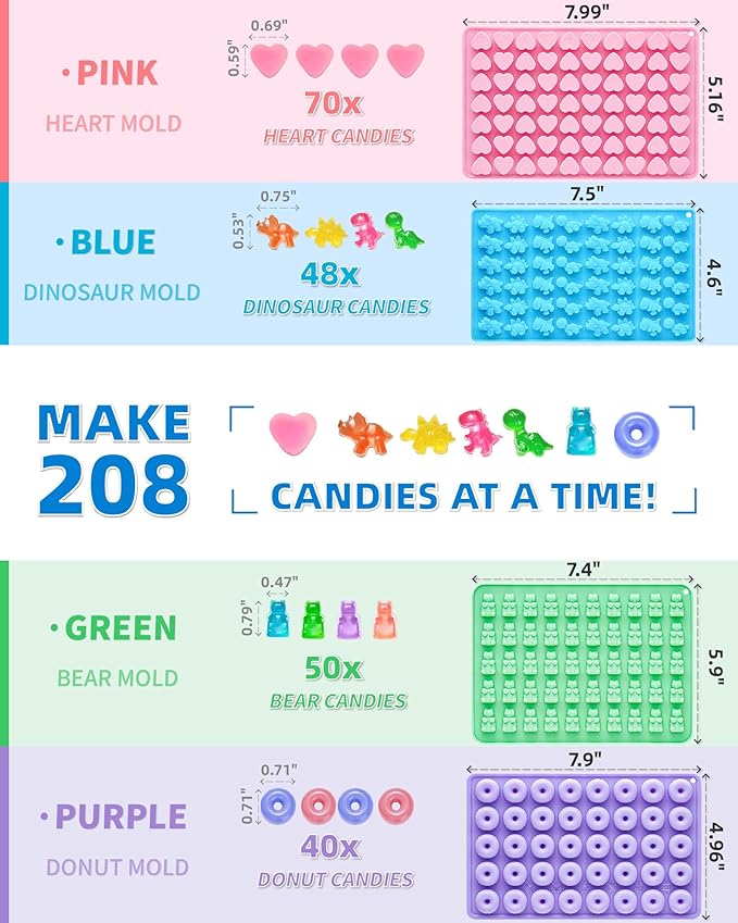 Silicone Gummy Molds Set of 4, Non-stick Candy Chocolate Molds with 2 Droppers 1 Clean Brush, Includes Dinosaur Bear Donut Heart Shape