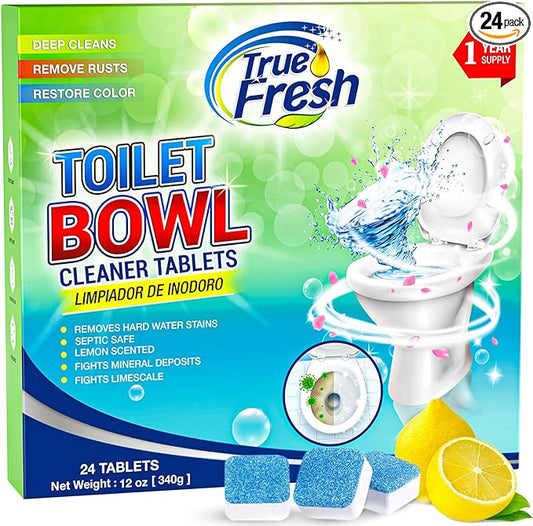 True Fresh Toilet Bowl Cleaner Tablets 24 Pack – Deodorizer & Septic Safe – Deep Cleaning, Odor Eliminator, Stain Remover for Long-Lasting Freshness – Fresh Lemon Scent