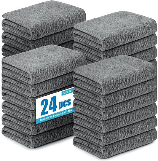 Microfiber Cleaning Cloths 12”x12” 24Pack Grey Lint Free Kitchen Cloths - Extra Thick, Streak-Free, Lint-Free, Fast Absorbent - Reusable Multi-Purpose Housekeeping Rags for Cars, Dishes, Floors, Tiles