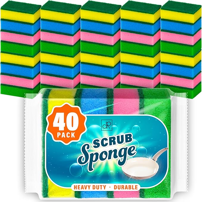 DecorRack 40 Count Non-Scratch Cleaning Scrub Sponges, Dual-Sided Heavy Duty Kitchen Sponges for Dishes, Cleaning Household, Bathroom, Car Wash - Multicolor (Pack of 40)