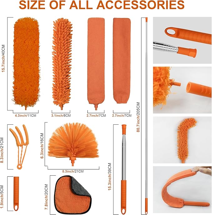JEHONN Cobweb Duster with Extension Pole 96 inches, 8 PCS Extendable Long Handle Microfiber Feather Dust Remover, Telescoping Dusting Kit for Cleaning High Ceiling Fan, AC Vent House Exterior